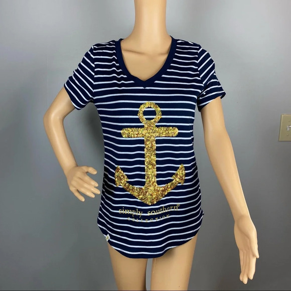 Simply Southern Women's Small NWT Navy Striped T-Shirt Gold Anchor - Picture 2 of 7